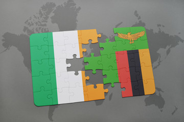 puzzle with the national flag of ireland and zambia on a world map