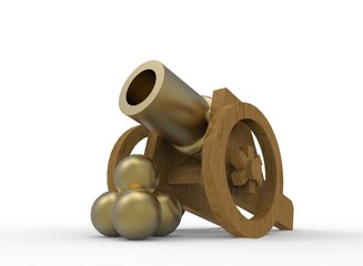 3d illustration of golden toy gun. white background isolated. icon for game web.