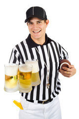 Referee: Holding Handful Of Beer Mugs