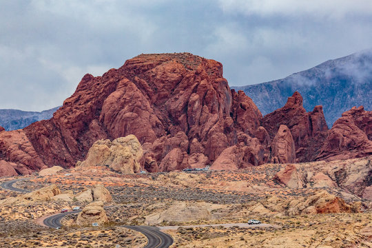 Valley of Fire State Park, Nevada, USA - December 23, 2106:  Panorama of the many spectacular red rock formations found in this state park located 55 miles northeast of Las Vegas.