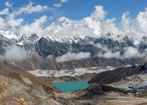 The view from the Renjo Pass on the lake Angladumba Tsho (5100 m) - Gokyo region, Nepal, Himalayas