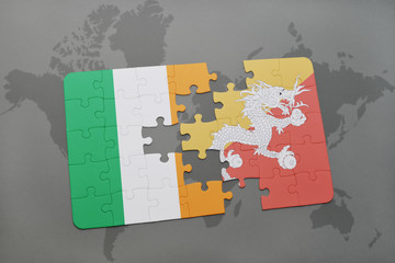 puzzle with the national flag of ireland and bhutan on a world map