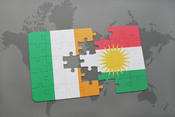 puzzle with the national flag of ireland and kurdistan on a world map