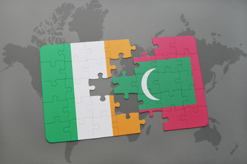 puzzle with the national flag of ireland and maldives on a world map