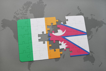 puzzle with the national flag of ireland and nepal on a world map