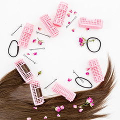Hair and women's curlers. Flat lay. Top view.