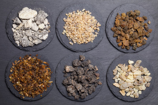 Various kinds of incense: myrrh, frankincense, messer, copaiba,elemi camonya
