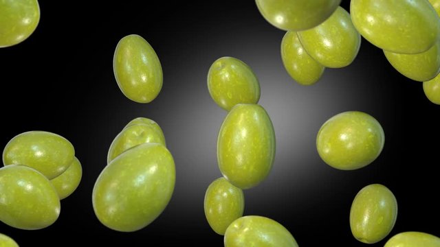 Olives falling with black background