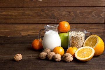 concept food allergies on wooden background
