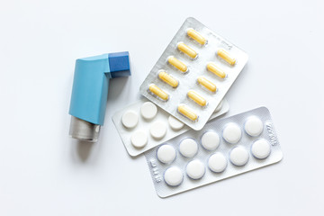 concept asthma and treatment on white background top view