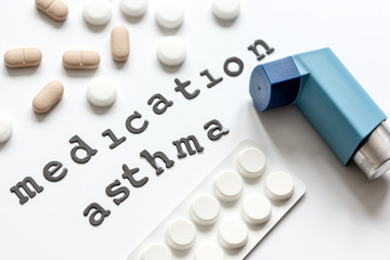concept asthma and treatment on white background top view