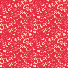 Red seamless abstract pattern with words love you and hearts. Vector illustration