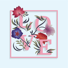 Tender card with flovers and love word over light blue background.
