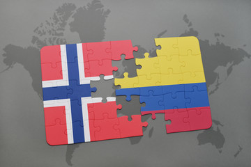 puzzle with the national flag of norway and colombia on a world map