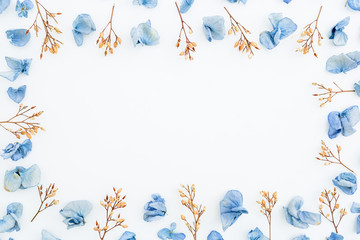 Frame made of dry flowers on white background. Hydrangea. Flat lay. Top view
