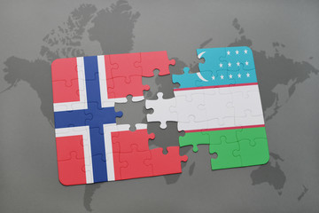 puzzle with the national flag of norway and uzbekistan on a world map