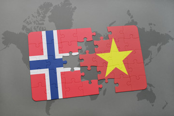 puzzle with the national flag of norway and vietnam on a world map © luzitanija