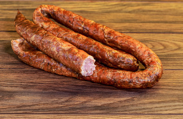 Fototapeta premium ukarinian homemade kielbasa pork sausage, spiral baked