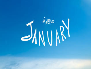 Hello January word illustration on blue sky