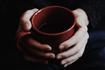 Pair of Hands Holding Red Mug - 131843081