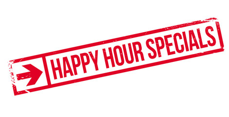 Happy hour specials stamp. Grunge design with dust scratches. Effects can be easily removed for a clean, crisp look. Color is easily changed.