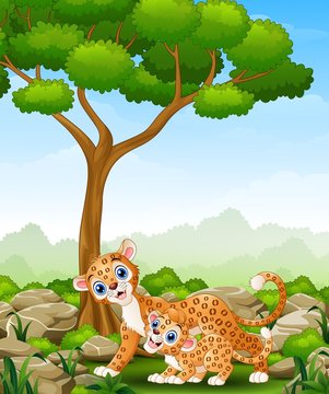 Cartoon mother leopard and cub leopard in the jungle