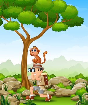 Cartoon boy using binoculars with a monkey over her head in the forest