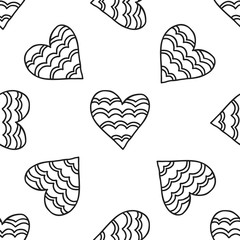Black and white seamless pattern with decorative hearts for coloring