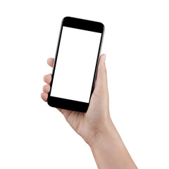 Isolated female hand holding a cellphone with white screen with