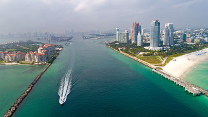 Speed Boat In Government Cut South Beach Miami Aerial View