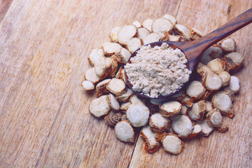 Fototapeta na wymiar sand ginger sliced (kaempferia galanga, kencur, aromatic ginger, cutcherry, resurrection lily) with powder on wooden spoon