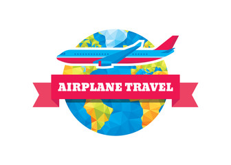 Obraz premium Airplane travel - vector logo concept illustration. Abstract globe, ribbon and aircraft.