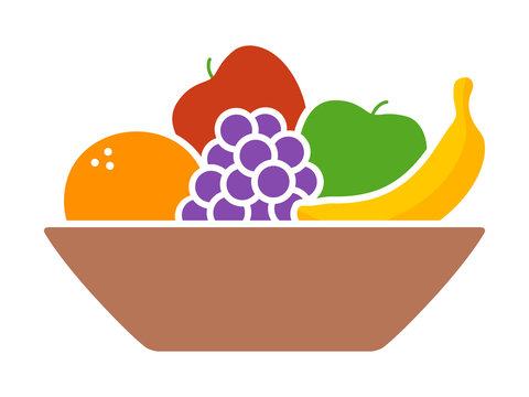 Bowl of fruit / fruits with orange, banana, grapes and apples flat colorful icon for apps and websites