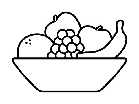 Bowl of fruit / fruits with orange, banana, grapes and apples line art icon for apps and websites