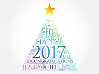 Fototapeta na wymiar 2017 year greeting word cloud collage, Happy New Year celebration word cloud card in the shape of a christmas tree