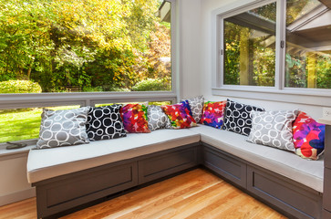 Sunny fall view from remodeled kitchen window (storage) bench seats
