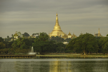 Yangon, Myanmar view of Shwedagon Pagoda at dusk.