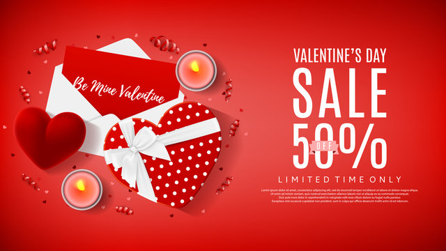 Red web backdrop for Valentine's Day sale. Top view on composition with gift box, case for ring, candles and confetti. Vector illustration with serpentine.
