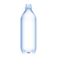 Empty Bottle. Realistic Blank Plastic Blue Water . Mock Up For Your Design. Vector Template Background