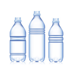 Empty Bottle. Set Realistic Blank Plastic Blue Water. Mock Up For Your Design. Vector Template Background