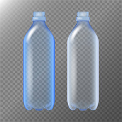 Empty Transparent Bottle. Set Realistic Blank Plastic Blue Water . Mock Up For Your Design. Vector Template Background