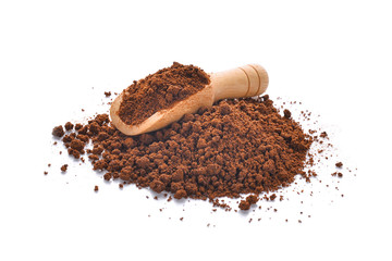 coffee powder in wooden scoop isolated on white background