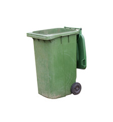 old green plastic garbage bin isolated on white background