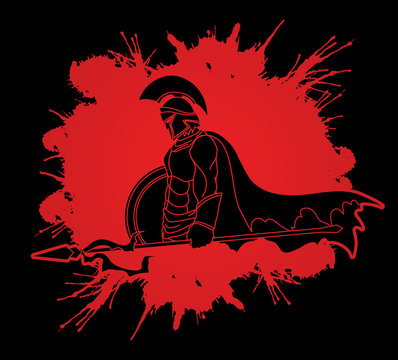 recommend clip art: Spartan warrior with Spear and shield designed on splash blood background graphic vector.