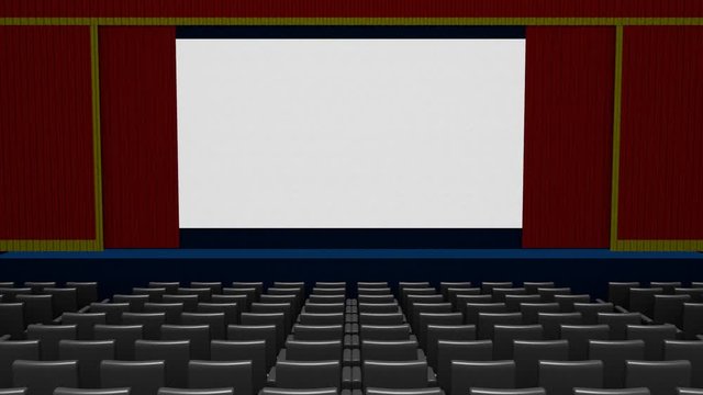 Empty cinema or movie theater with a customizable blank screen and opening red curtains. 3d render, 3d illustration
