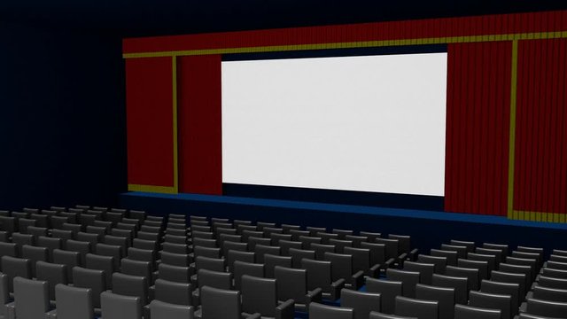 Empty cinema or movie theater with a customizable blank screen and opening red curtains. 3d render, 3d illustration