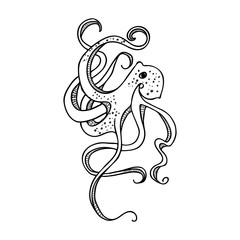 Giant octopus with eight tentacles floating in the ocean depths. Bokeh effect, the air bubbles. Hand drawing. Vector illustration.