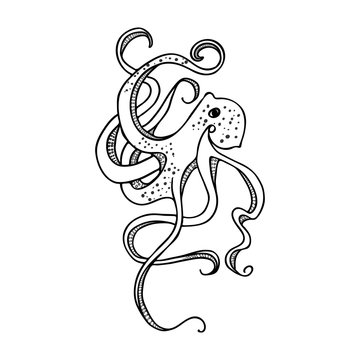Giant octopus with eight tentacles floating in the ocean depths. Bokeh effect, the air bubbles. Hand drawing. Vector illustration.