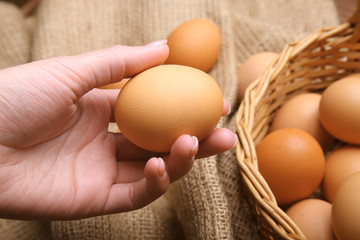 Female hand holding raw egg, closeup