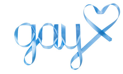 Fototapeta na wymiar Word gay written gift ribbon blue heart. White background, isolated